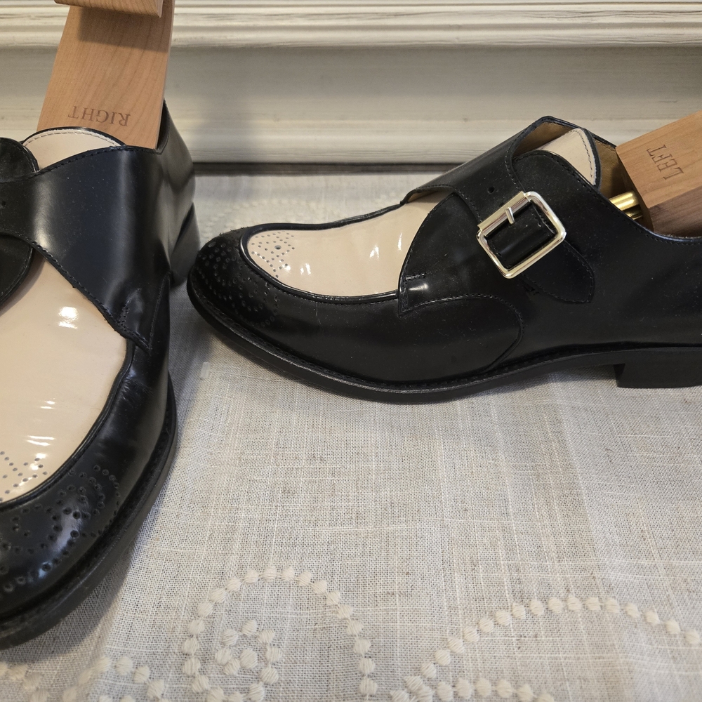 Black and Cream Leather Flats with Buckle